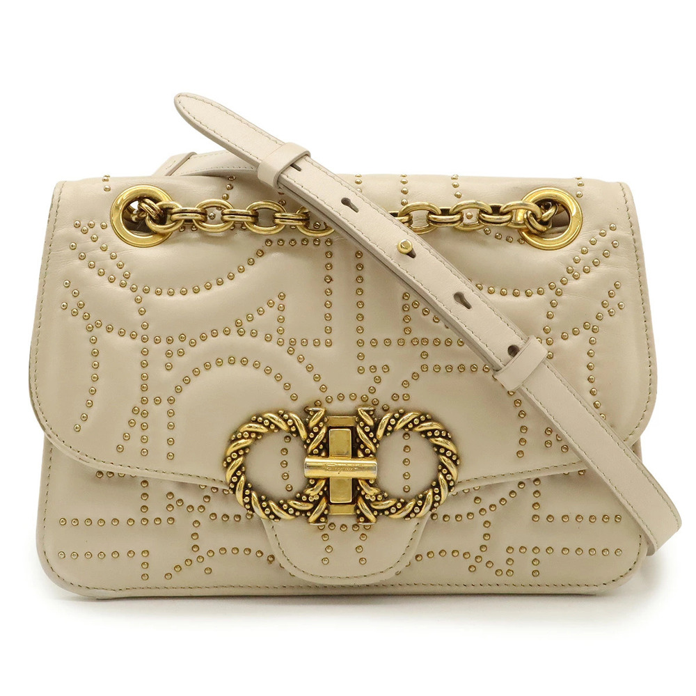 Salvatore Ferragamo Gancini Flap Bag Chain Shoulder Leather Pink Beige Cream